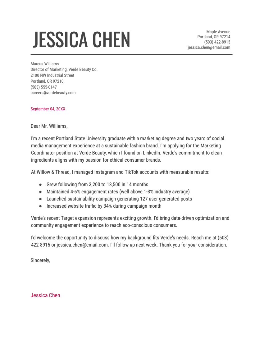 A sample of the "Modern Writer" Google Docs cover letter template