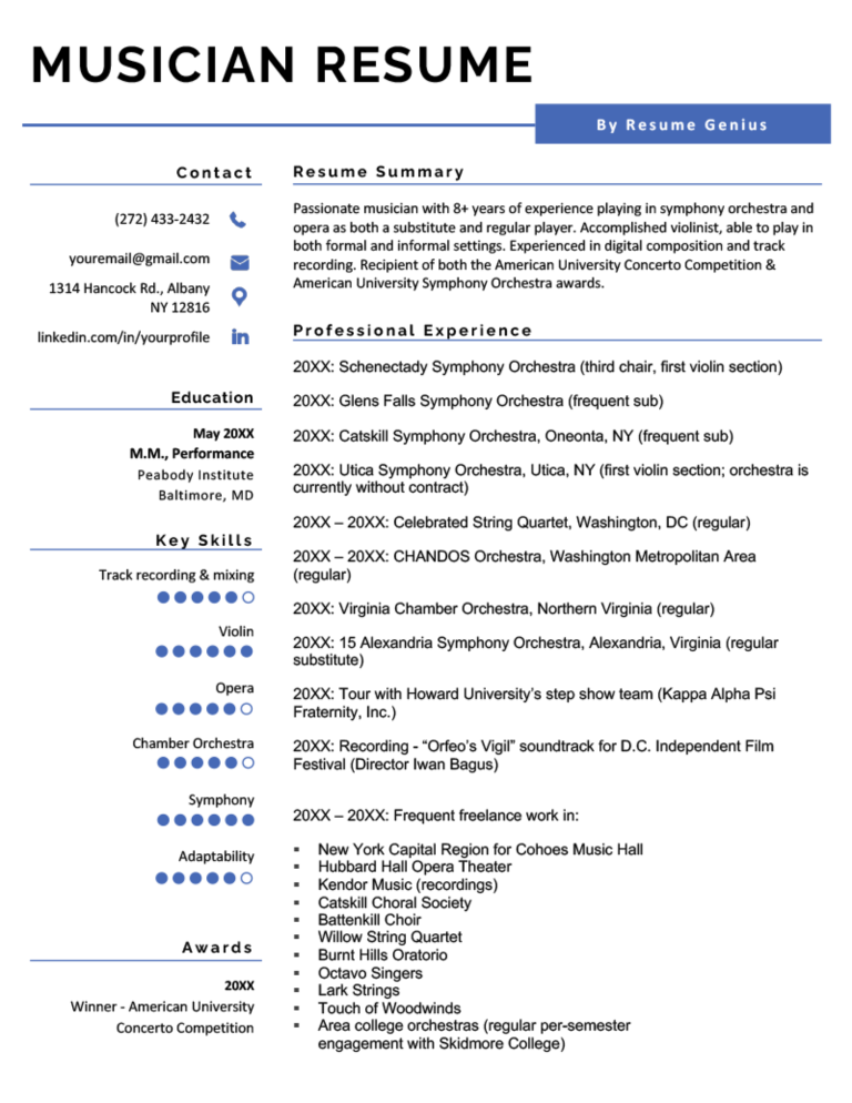 Music & Musician Resume Example + Writing Tips