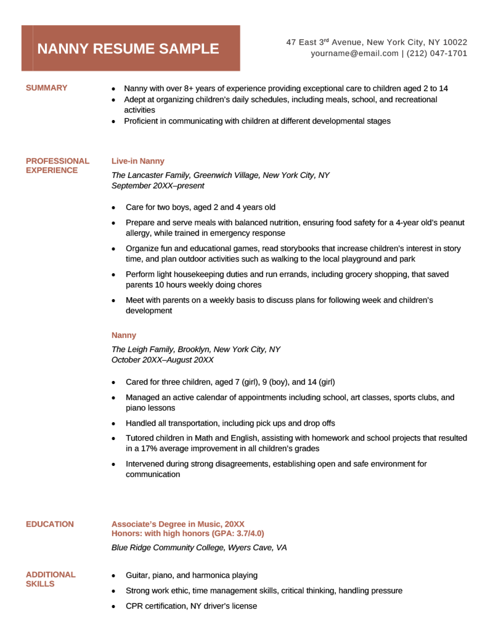 Nanny Resume Template Free   Nanny Resume Example Template 2021 