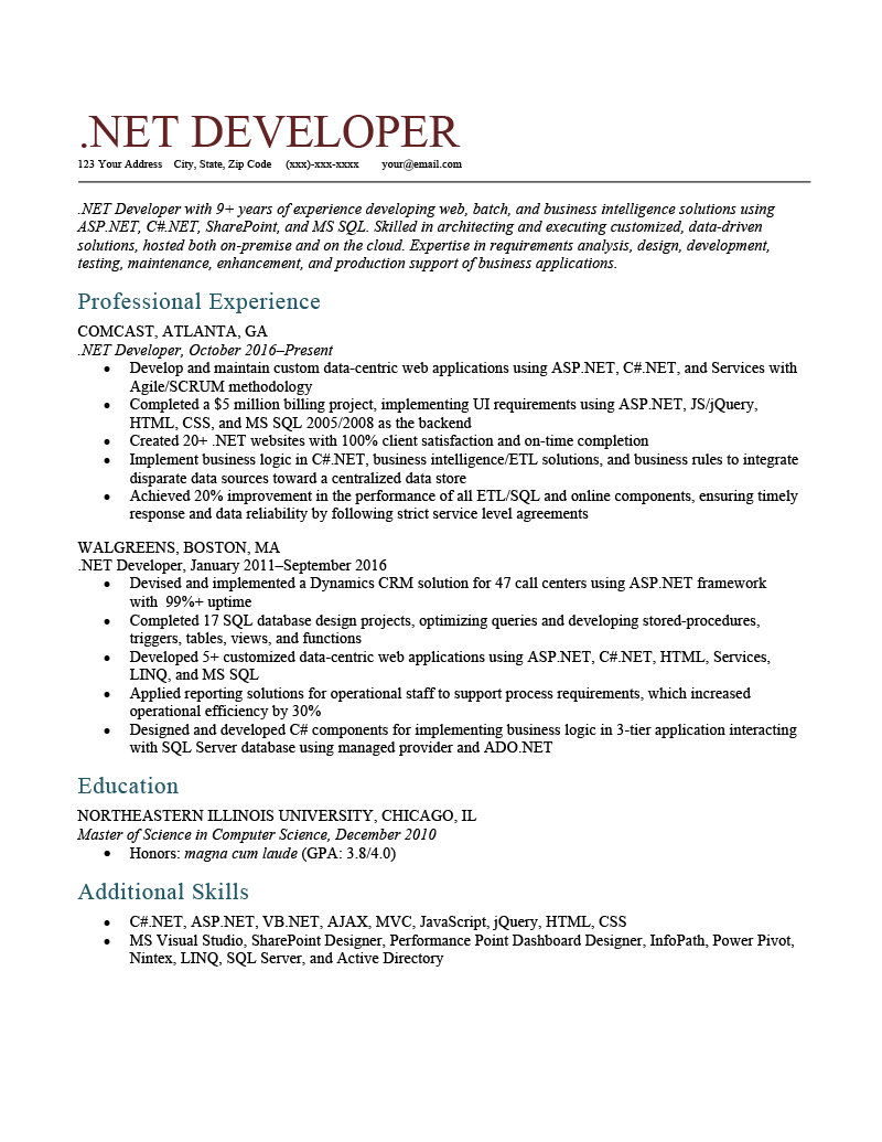 sample resume for .net developer with 1 year experience