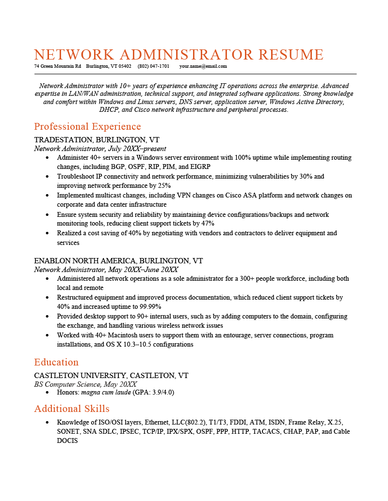 Network Administrator Resume Sample Template