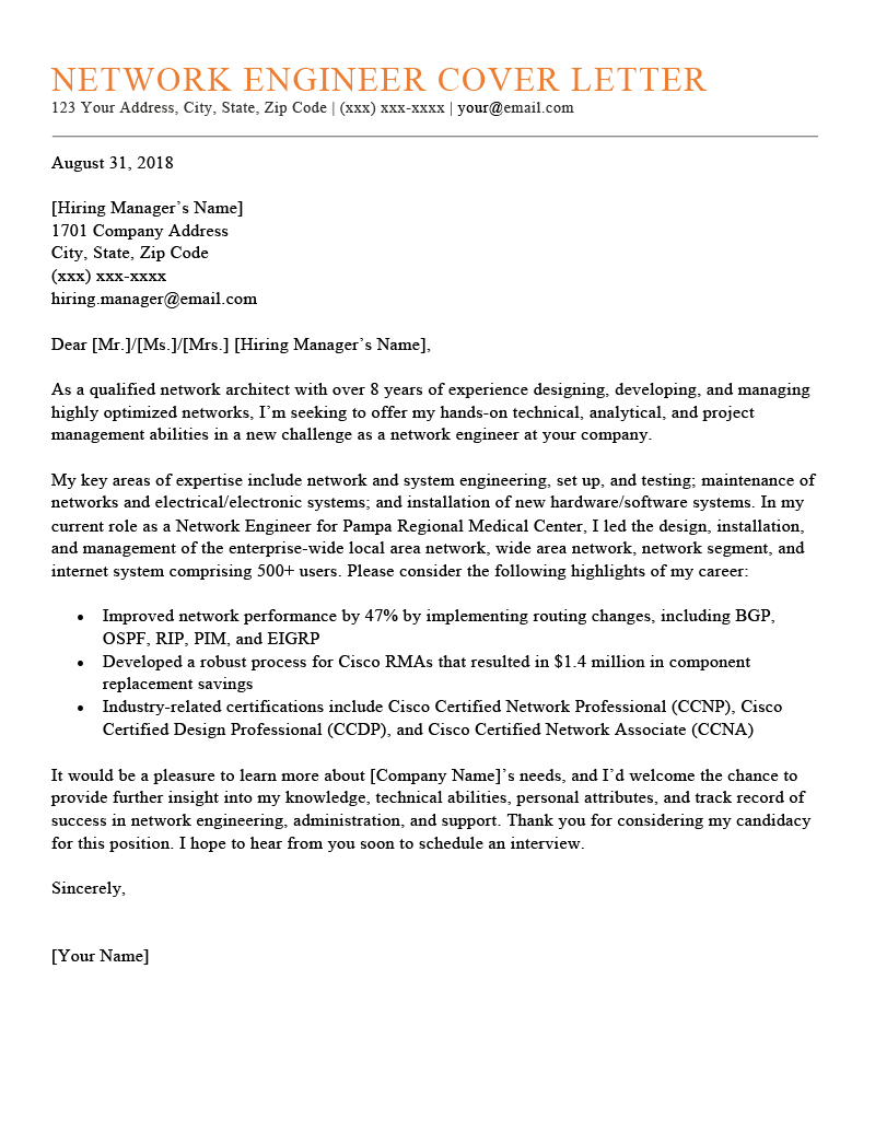 Network Engineer Cover Letter Sample Template