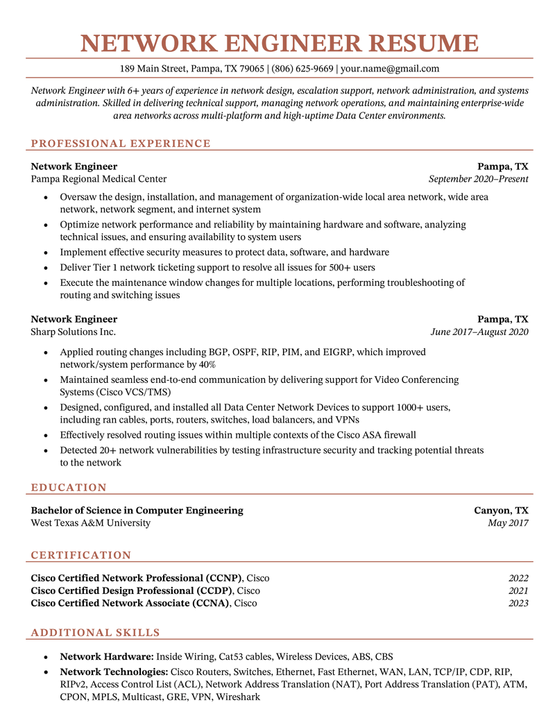 An example of a network engineer resume