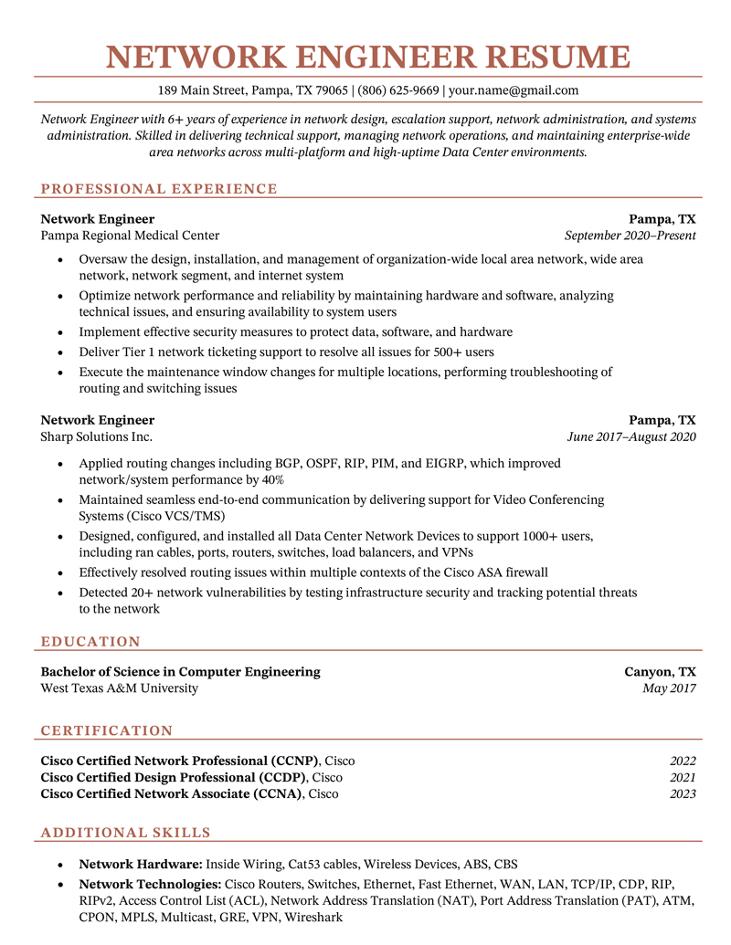 best resume format for network engineer