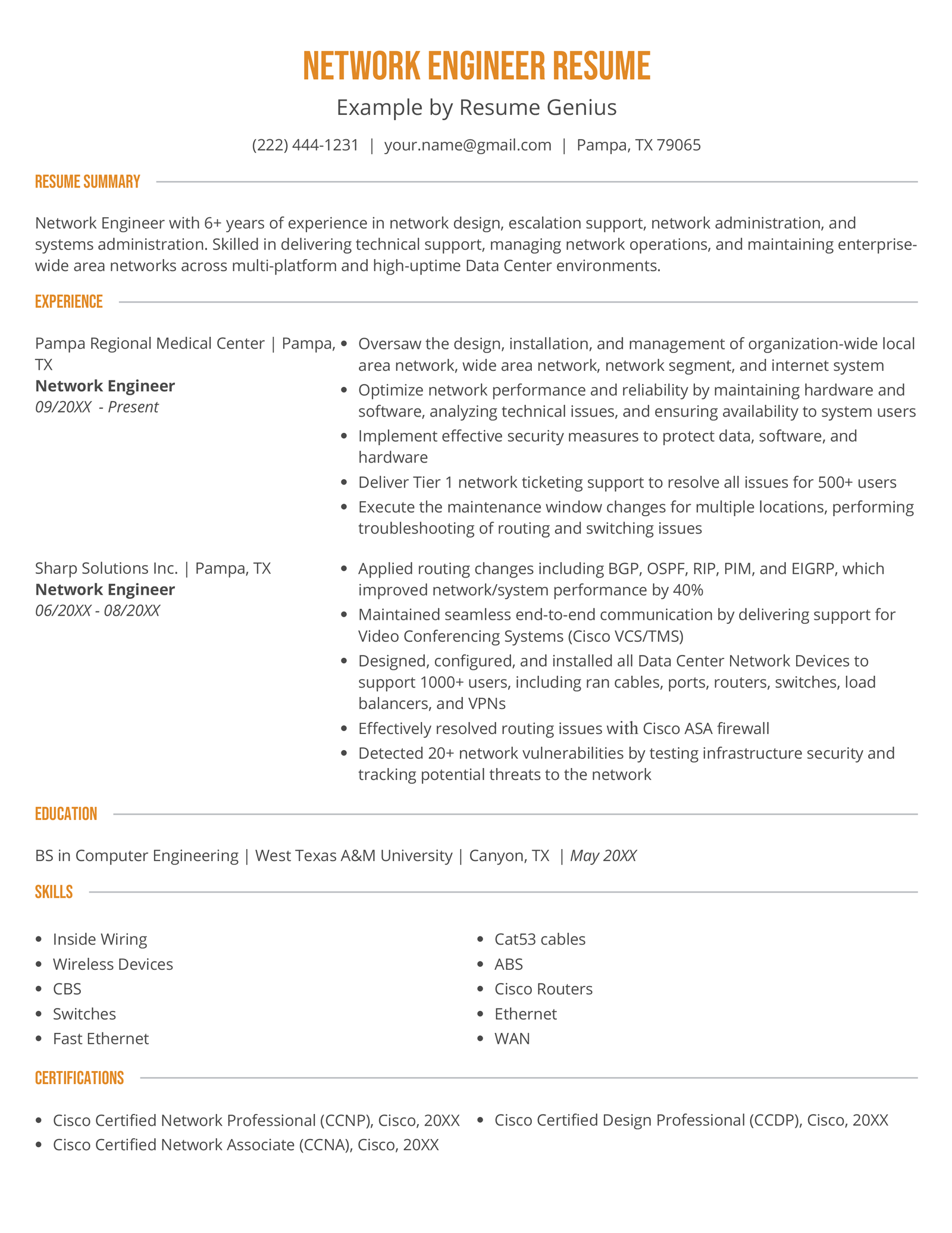 Network Engineer Resume Examples & Writing Tips
