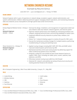 An example of a network engineer resume that uses a simple reverse-chronological layout with a section for certifications and coral colored section headers.