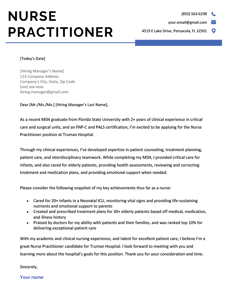 An example of a nurse practitioner cover letter