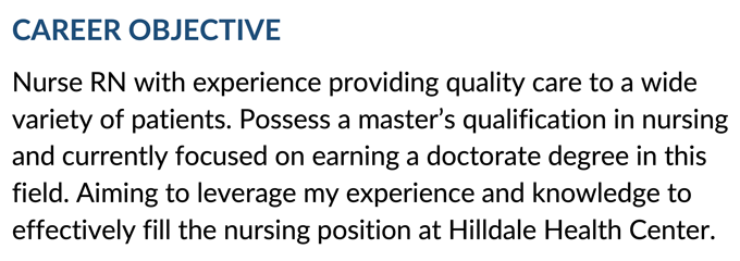 A nursing resume objective with a blue header