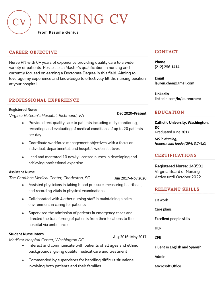 Example of a nurse CV with a red color scheme and simple but modern layout.