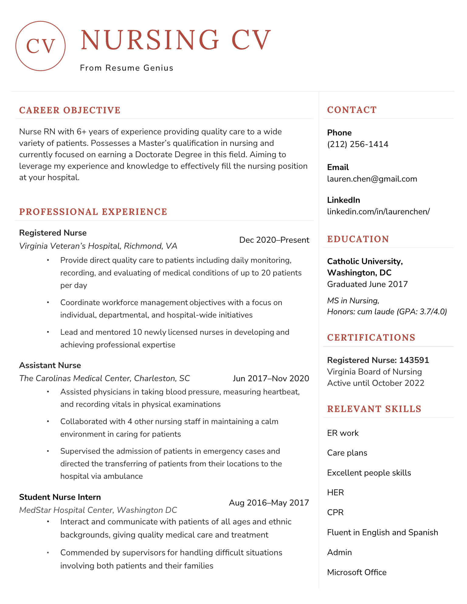 Example of a nurse CV with a red color scheme and simple but modern layout.