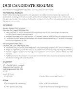 A black-and-white army resume with the applicant's career summary and professional experience on the left and their contact information, education, certifications, and skills on the right
