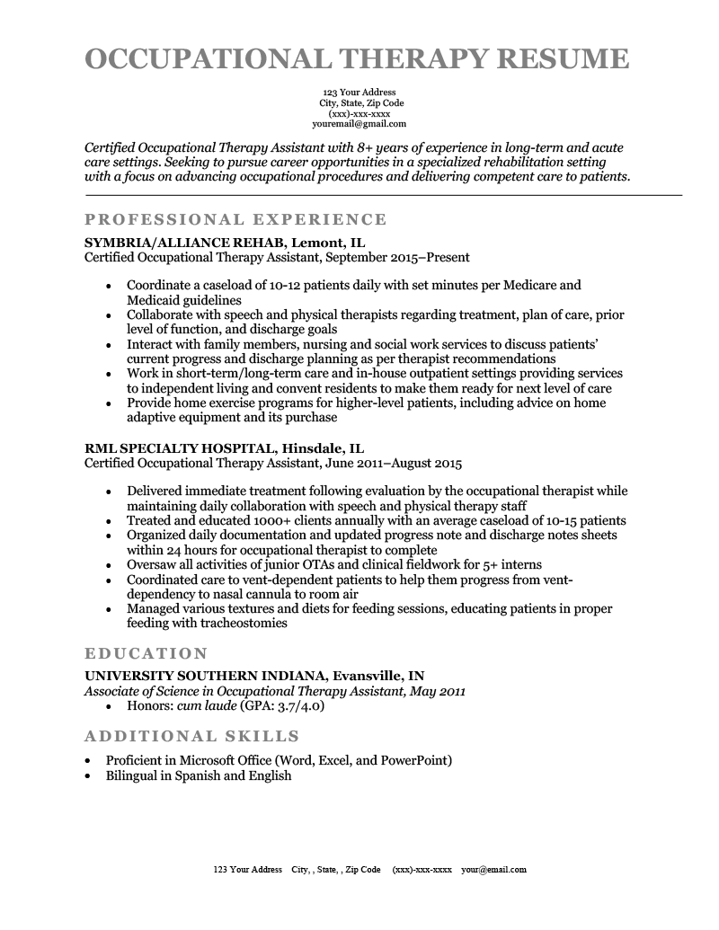 An occupational therapy resume sample