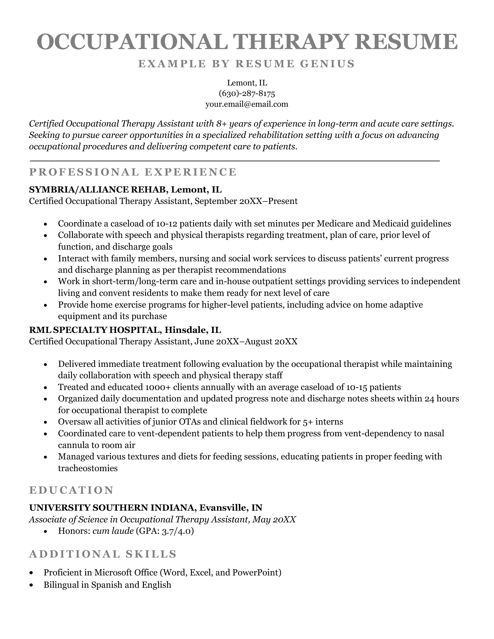 An occupational therapy resume sample