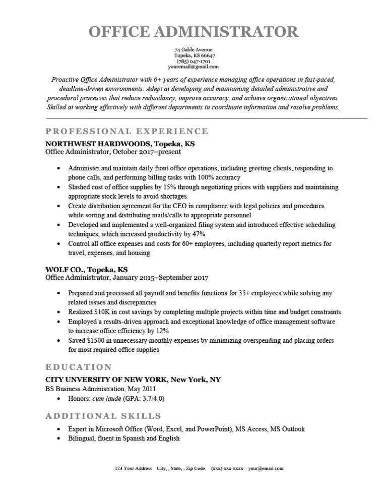 sample resume for office administration job