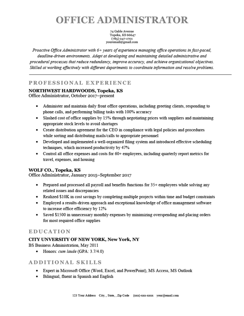 sample resume objectives for business administration