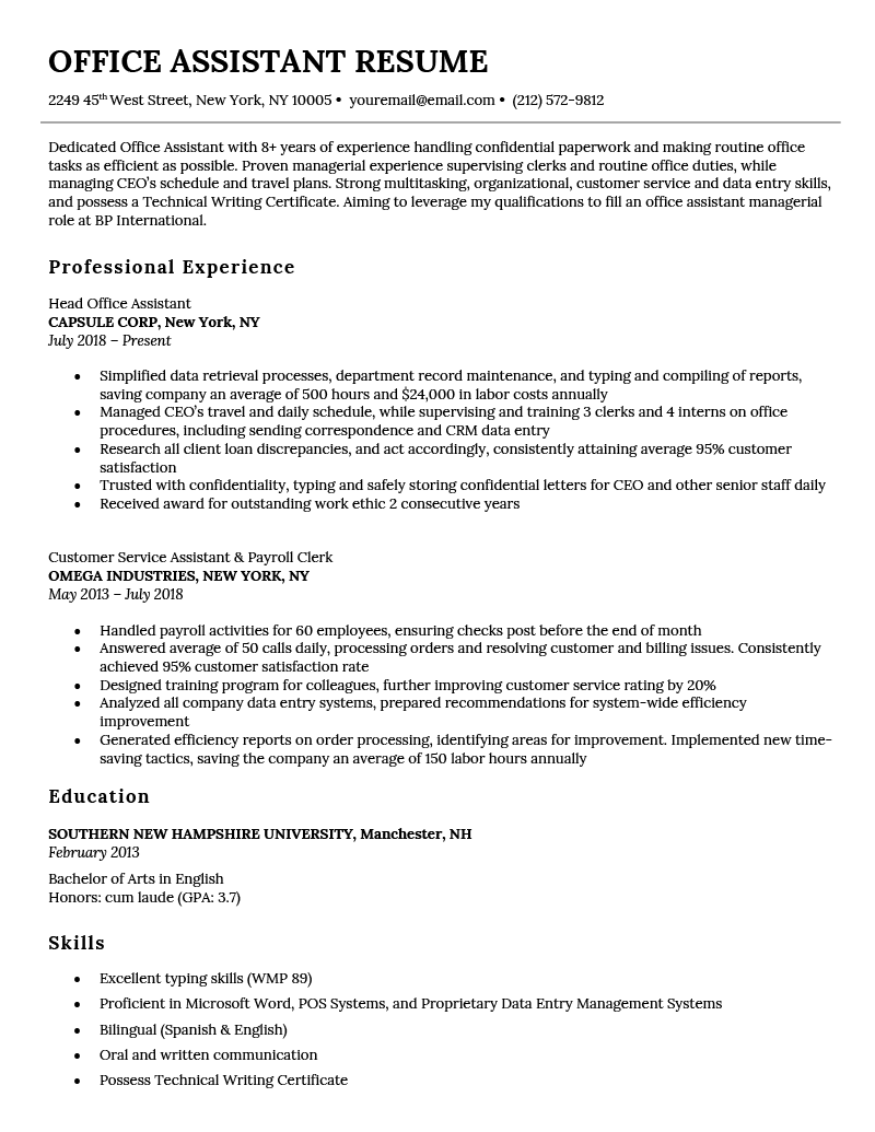 An example of a office assistant resume
