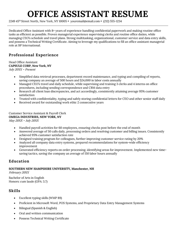An example of a office assistant resume