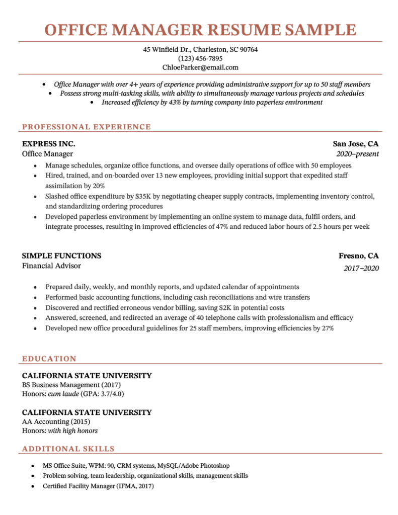 Office Manager Resume Example for Free Download with Tips