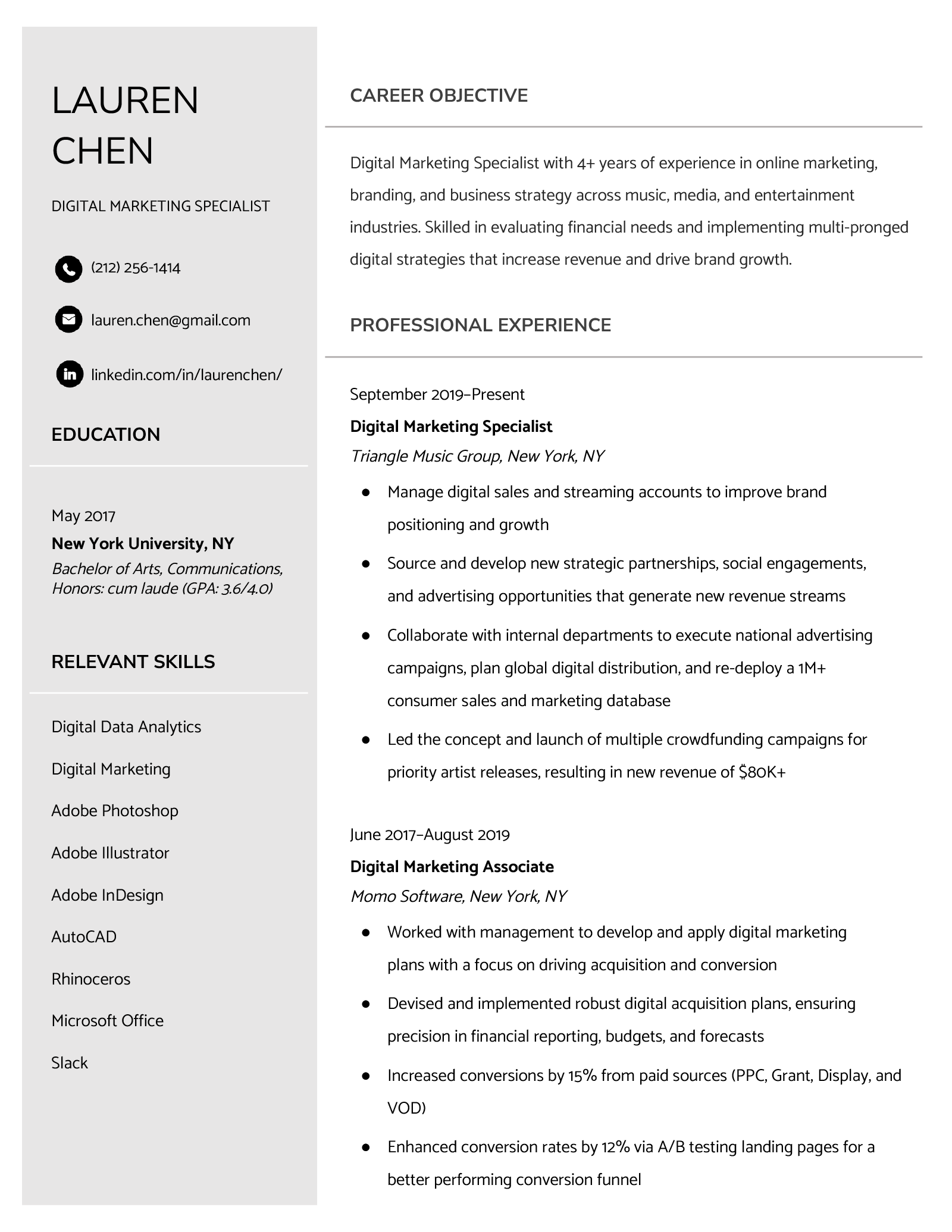 resume sample 1 page