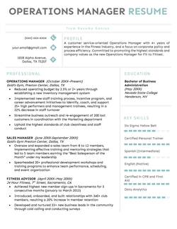 Example of an operations manager resume with a modern design in sea green.