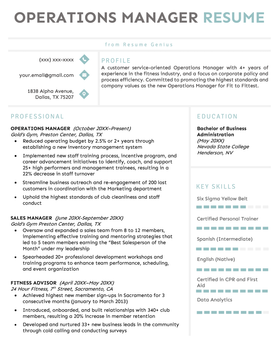 Example of an operations manager resume with a modern design in sea green.
