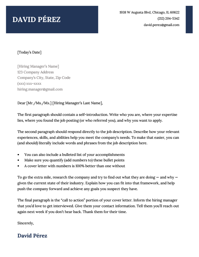 Example of the Original Professional cover letter template in navy blue.