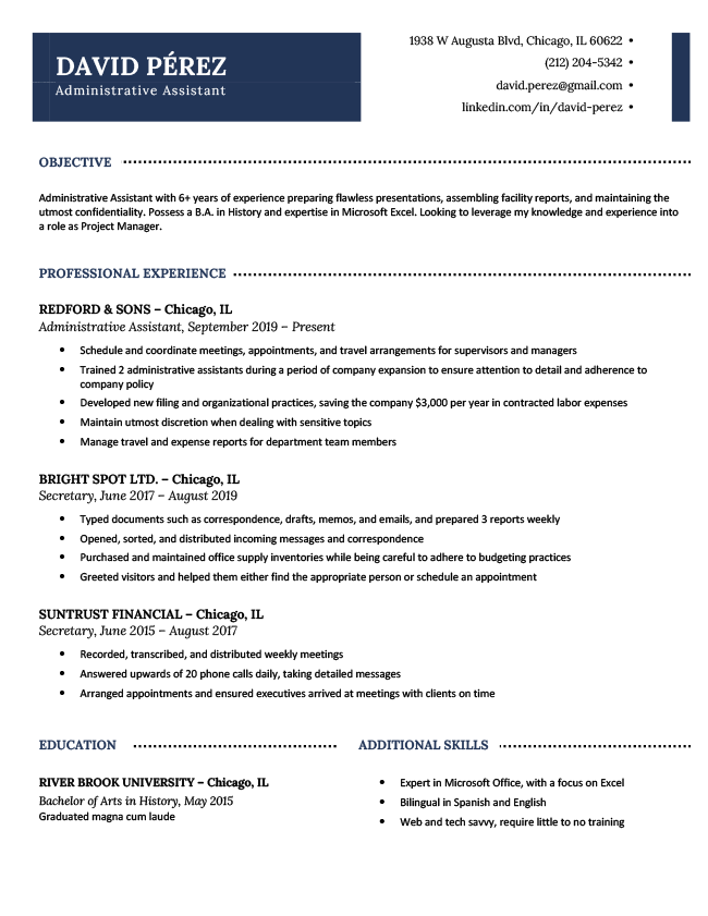 Example of our Original Professional resume template in navy blue, featuring a simple professional design.