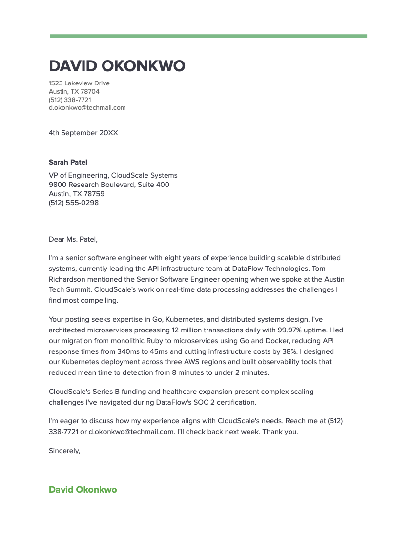 An example of the "Spearmint" cover letter template from Google Docs