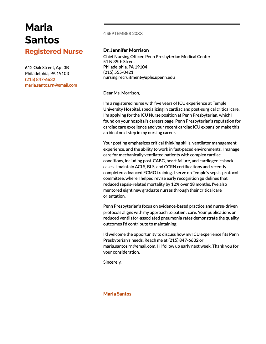 An example of the "Swiss" Google Docs cover letter template