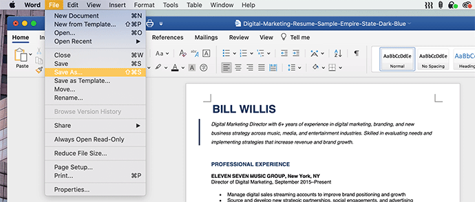 How to make a PDF resume in Word step 2: click 'Save As'