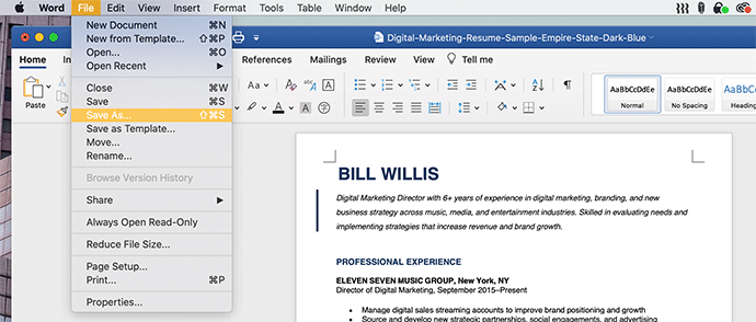 How to make a PDF resume in Word step 3: select