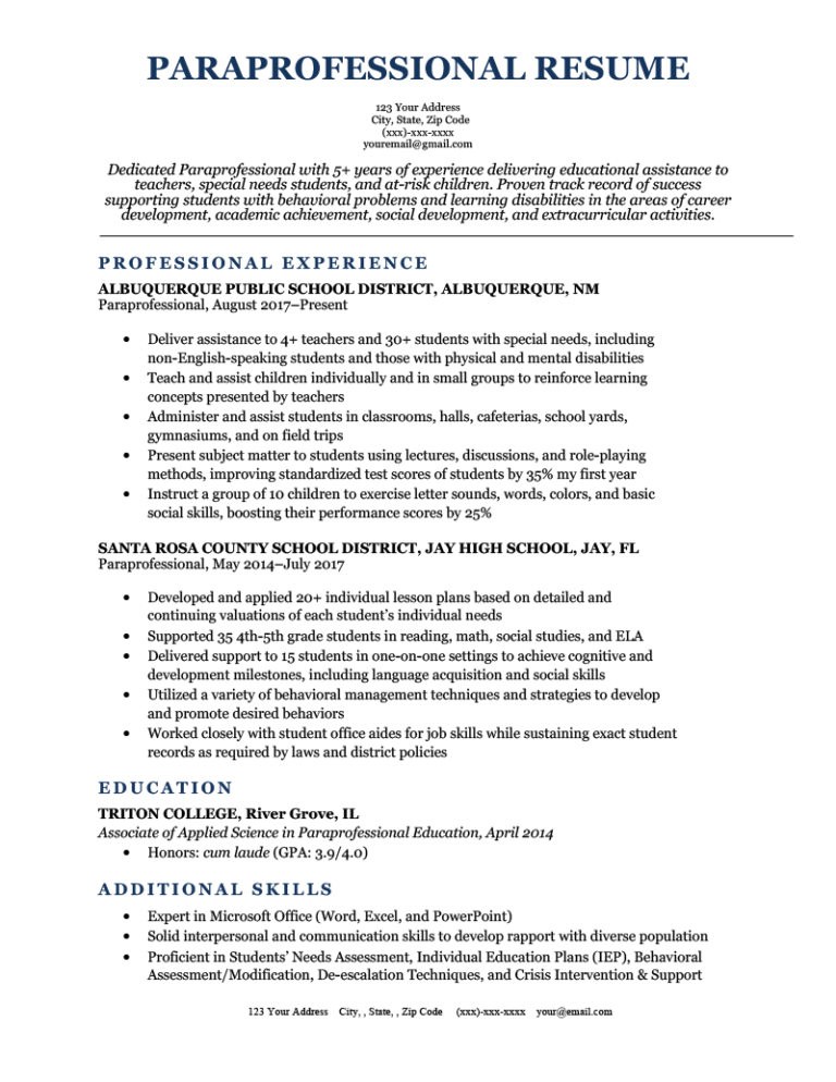 Paraprofessional Resume Samples & Writing Guide | Resume Genius