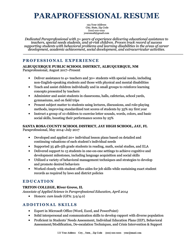 Paraprofessional Resume Sample
