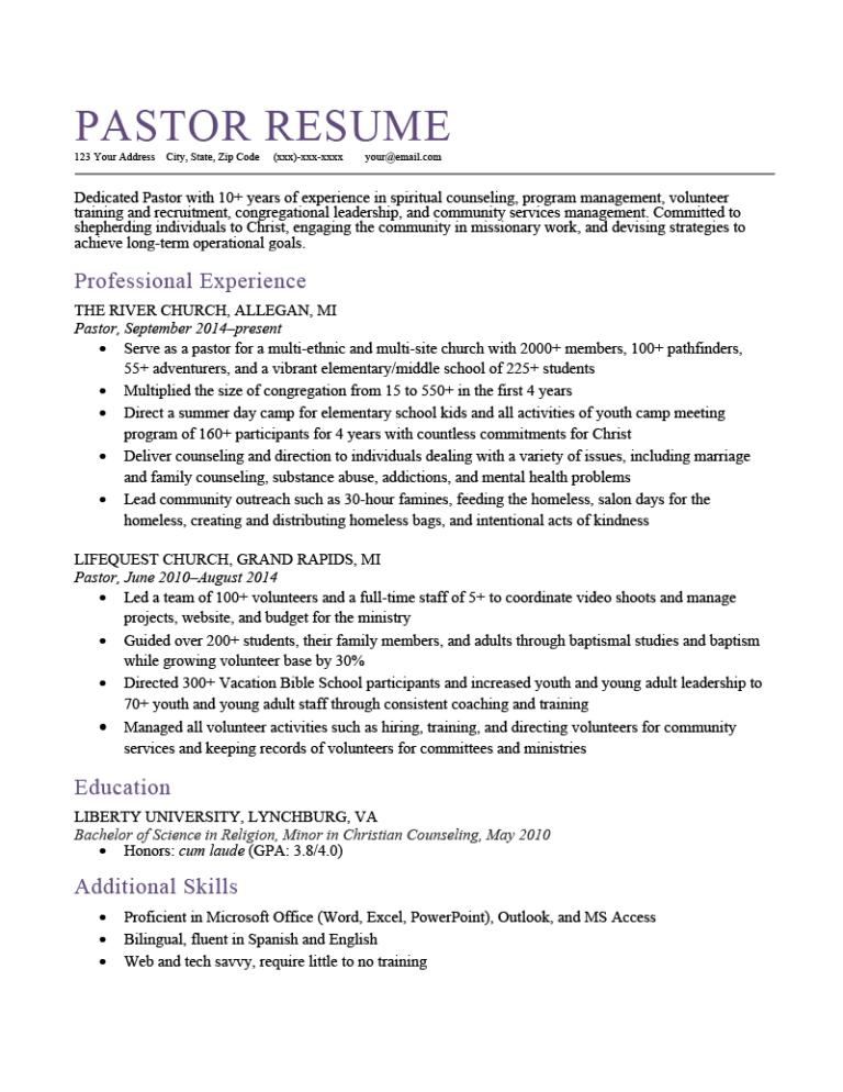 Pastor Resume [Sample & How to Write] Resume Genius