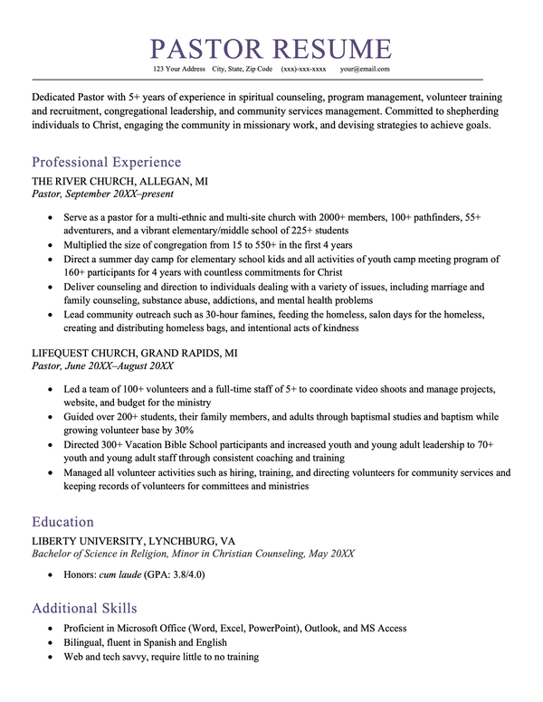 A pastor resume sample