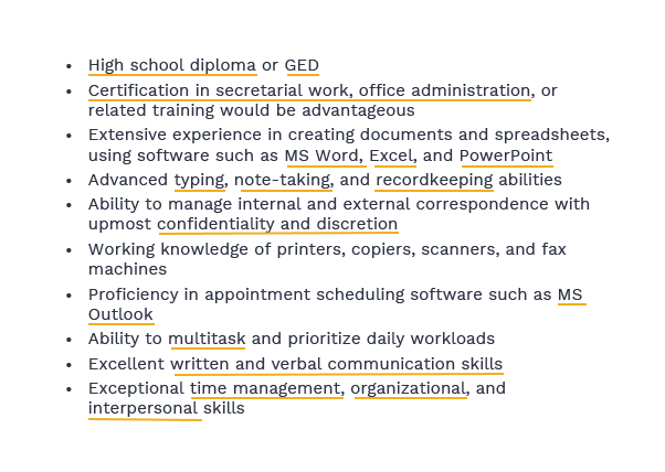An example of a personal assistant's job description with ATS keywords highlighted