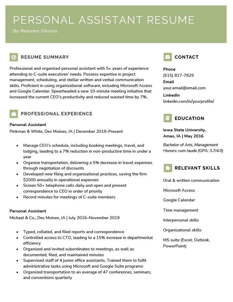 An example of a personal assistant resume