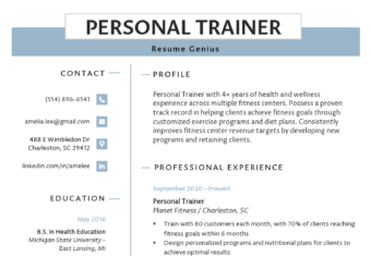 Example of a resume for a personal trainer.