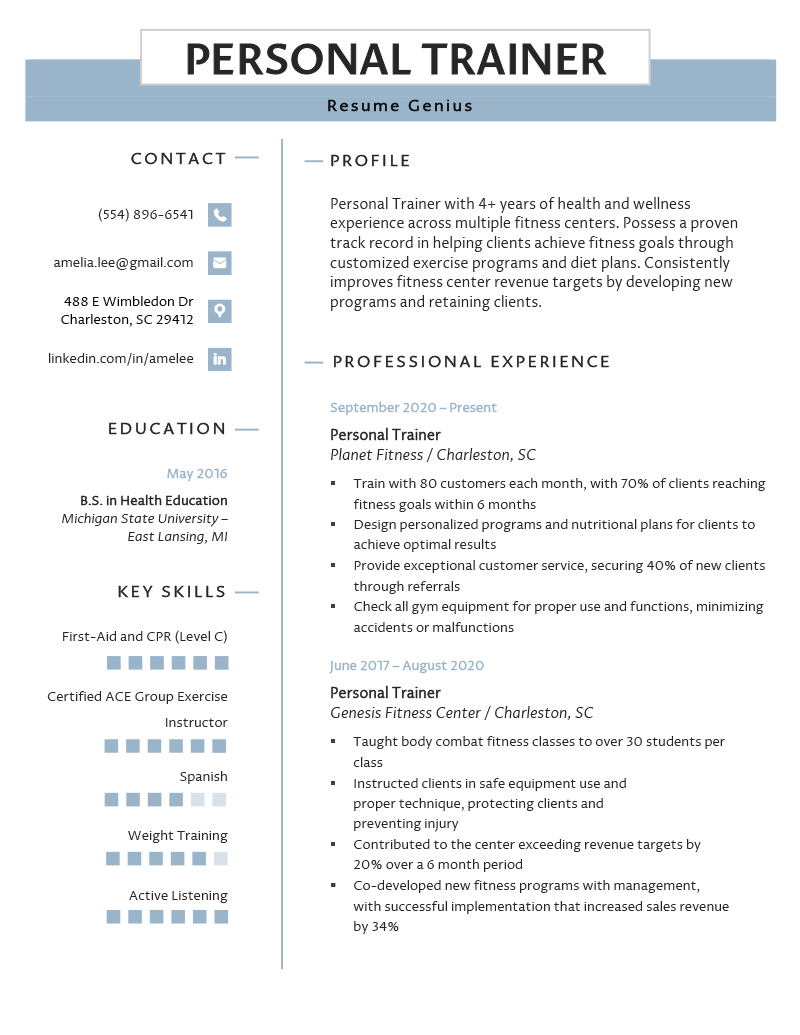 Example of a resume for a personal trainer.