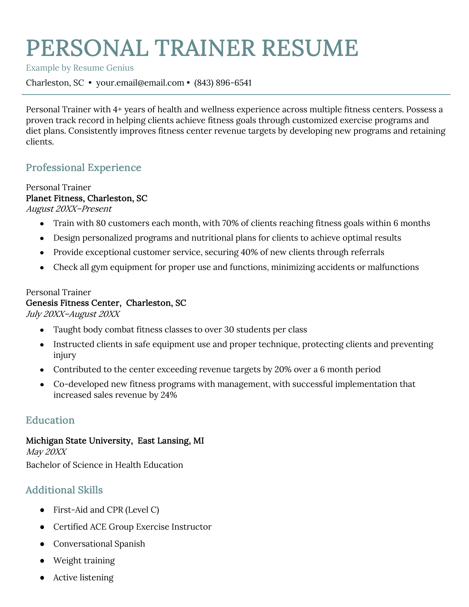 Example of a resume for a personal trainer.