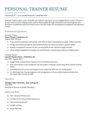 Example of a resume for a personal trainer.