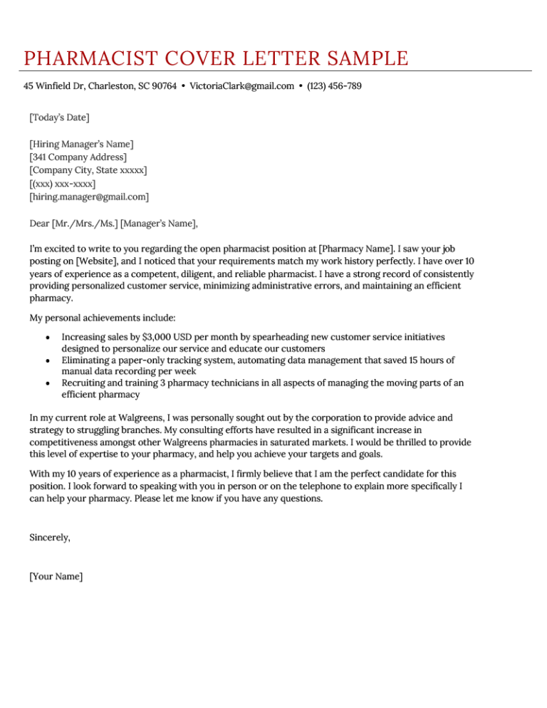 managed care pharmacist cover letter