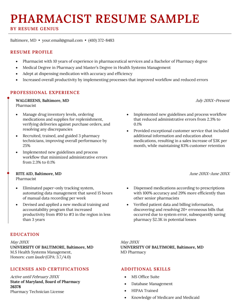 resume format for pharmacy