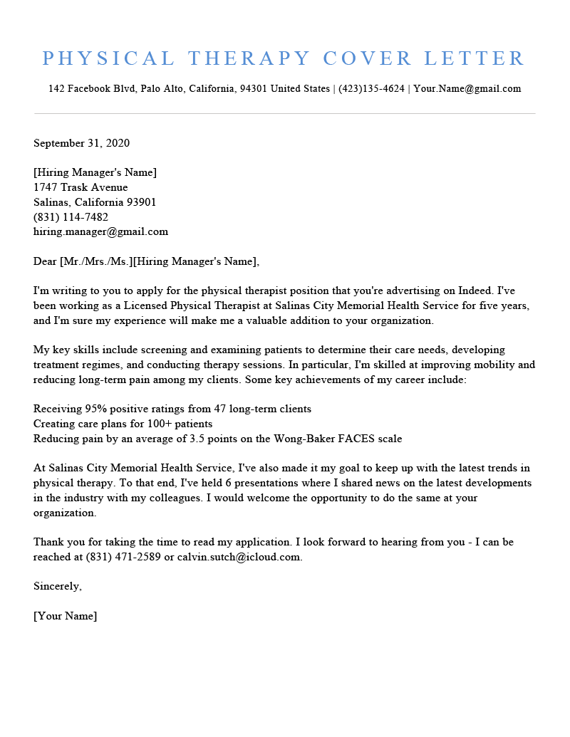 Physical Therapy Cover Letter Sample Template