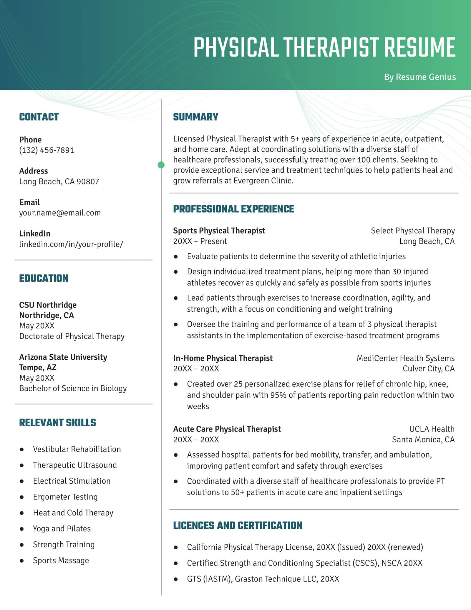A sample of a Physical Therapist Resume