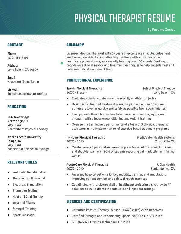 A sample of a Physical Therapist Resume