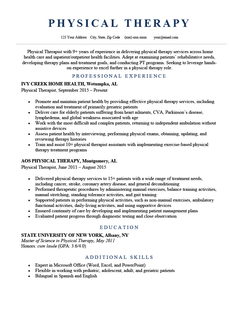 A physical therapy resume sample