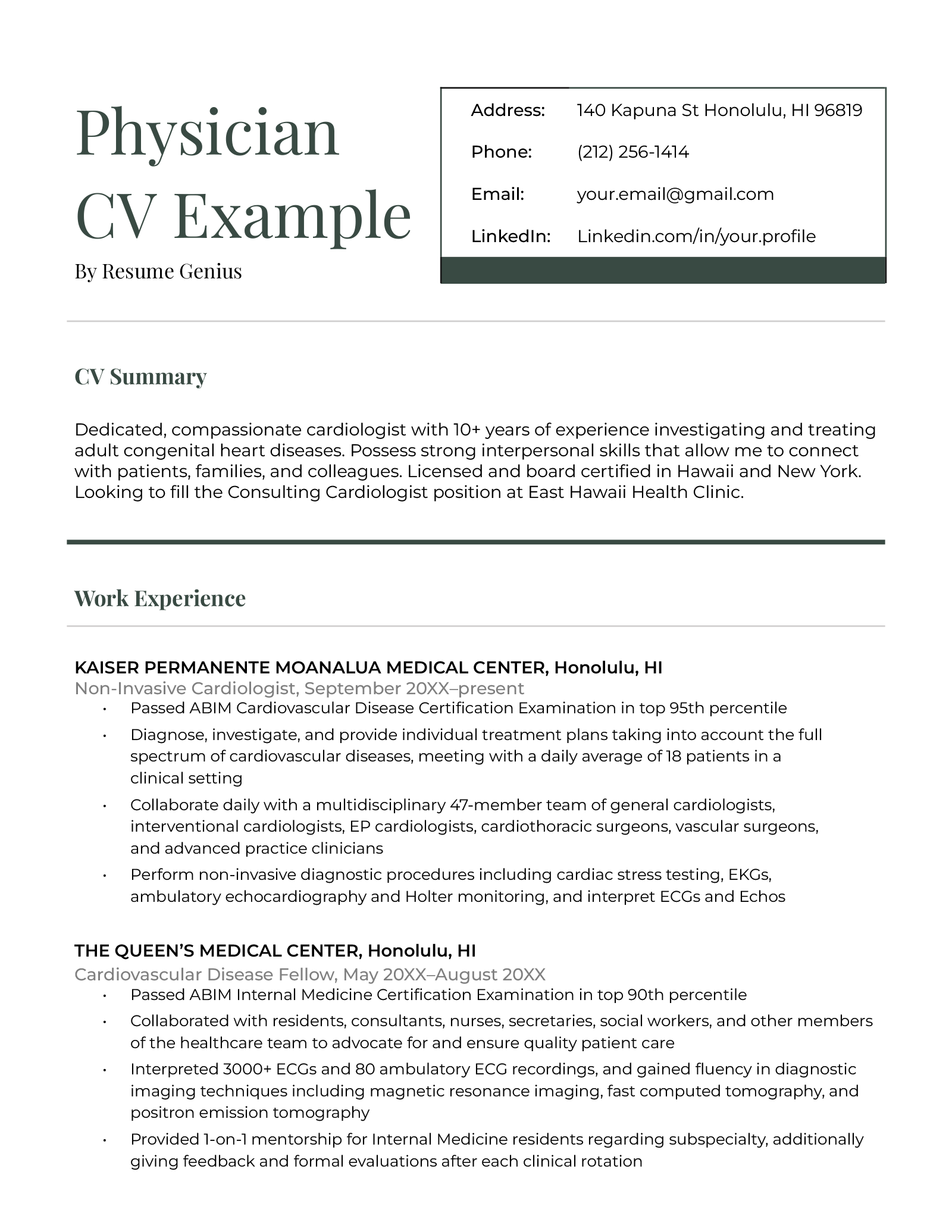 Physician CV Example Template