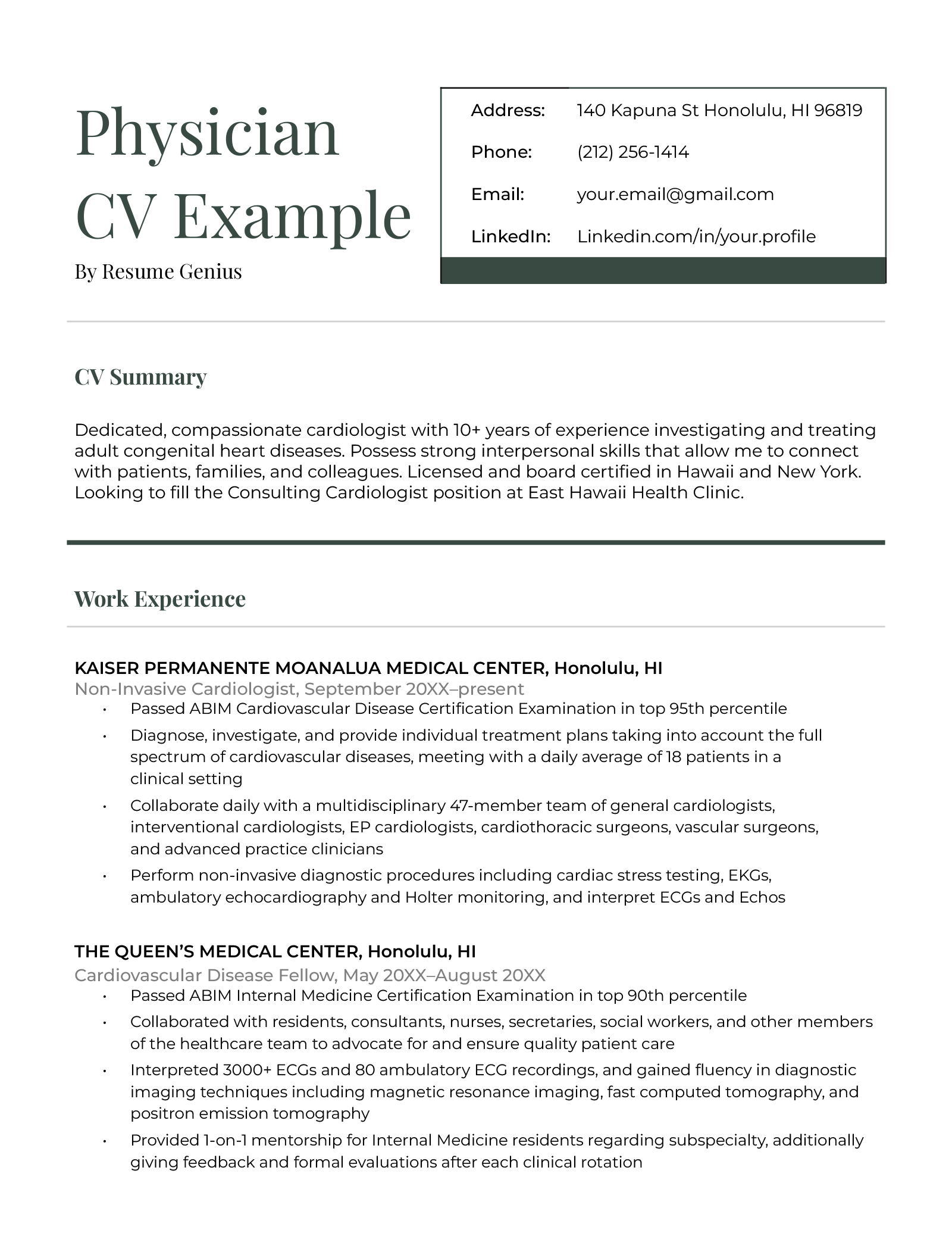 Physician CV [Example for Free Download] | Resume Genius