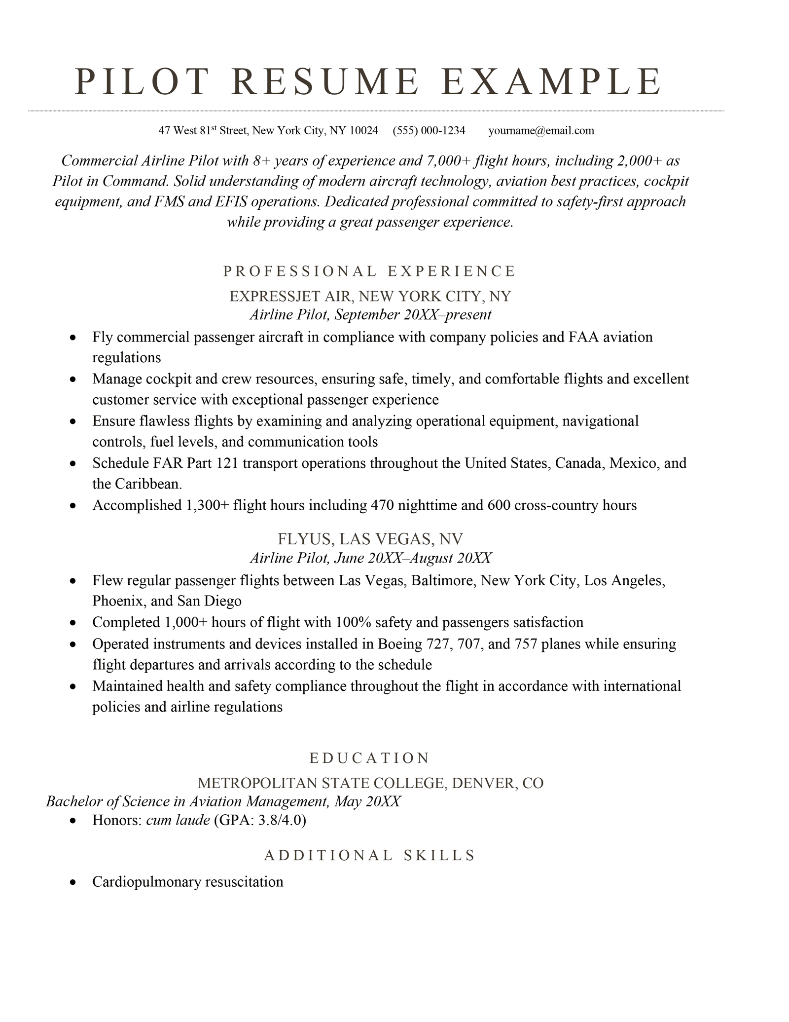 Pilot Resume Example Template